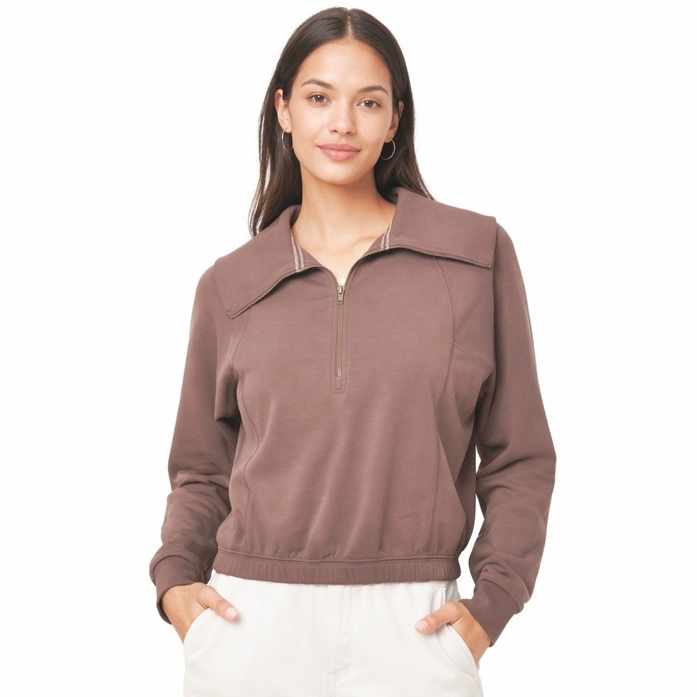 NEW‎ Urban Social Half Zip Sweatshirt Womens Size M Mocha Pullover Top Cropped